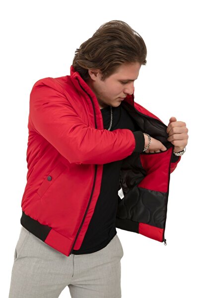 Montup Κόκκινο ανδρικό παλτό - γιακάς, εσωτερικά με φόδρα, τσέπες, εποχιακό, αδιάβροχο και αντιανεμικό