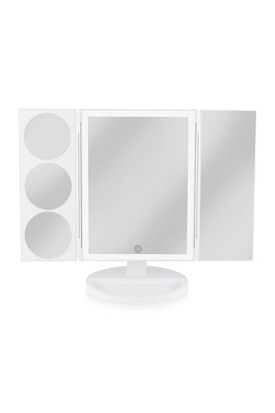 RİO BEAUTY RIO MMFS folding cosmetic mirror, LED lighting, tilt, 360°, 1x, 3x, 5x, 10x zoom, 4xAAA/USB, white