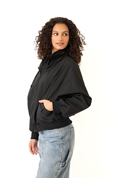 Montup Μαύρο Αδιάβροχο και Αντιανεμικό Oversize Crop Γυναικείο Αδιάβροχο Αντιανεμικό - Stand Collar Seasonal