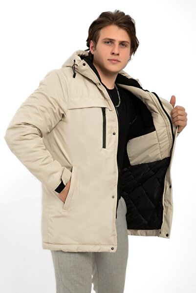 Montup Ανδρικό χειμωνιάτικο παλτό - Stone, Fleece, Γούνα, Αδιάβροχο και Αντιανεμικό, Κουκούλα