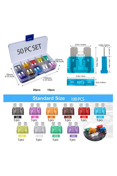Choice 50 Pc Set 100pcs Standard Car Fuses 2a 3a 5a 7.5a 10a 15a 20a 25a 30a 35a Free Matching Car F