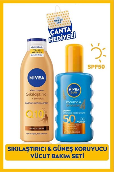 NIVEA SUN SPF50 Güneş Koruyucu Bronzluk Vücut Spreyi 200ml, Q10 Bronzlaştırıcı Losyon 250ml, Çanta Hediye