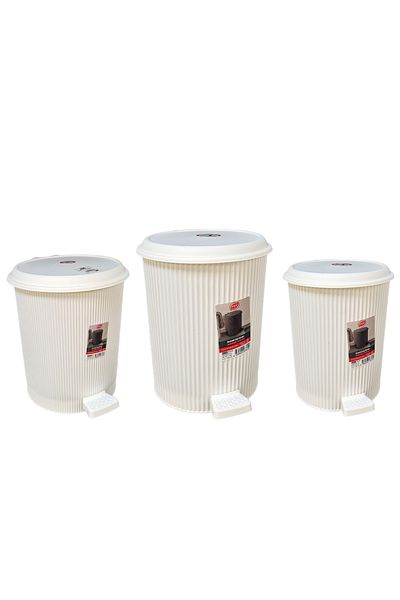 Living Set of trash bins, 3 pieces of different sizes, with a foot pedal and lid, white color.