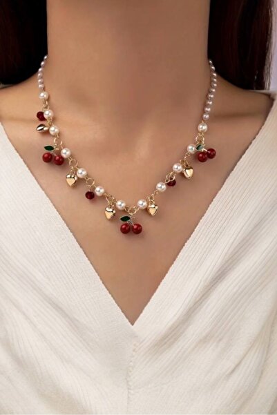 sahrastyle Kirazlı Inci Detaylı Boncuklu Kolye -