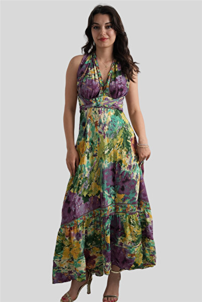 Miss Boheme Mor Renk Gold Detaylı Boyundan Bağlamalı Sırtı Açık İpek Elbise