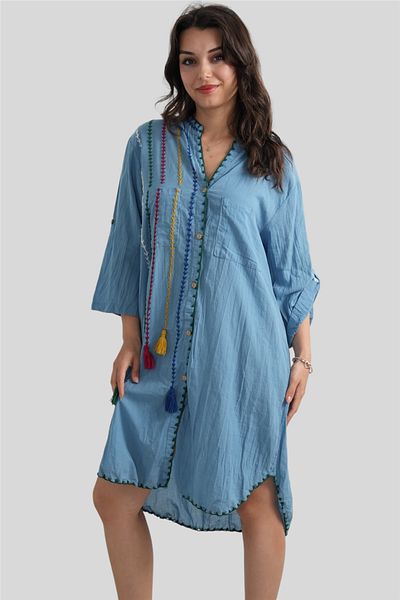 Miss Boheme Blue Embroidered Short Button Detailed Tunic Dress