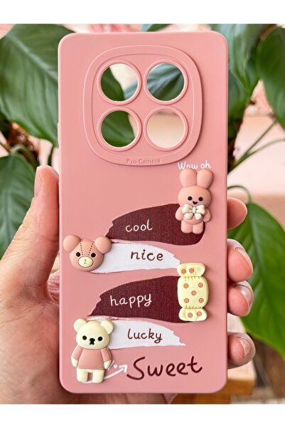 Fibaks Xiaomi Redmi Note 14 Pro Case Pink Rabbit Design Patterned Camera Protected Soft Silicone Cover
