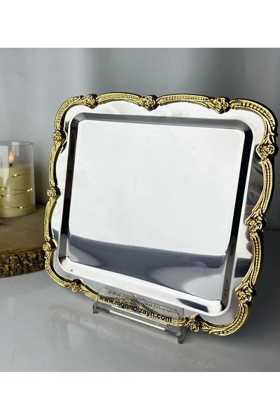 Elzemm store Stainless Steel 1Pc Square Edge Serving and Presentation Tray with Frame
