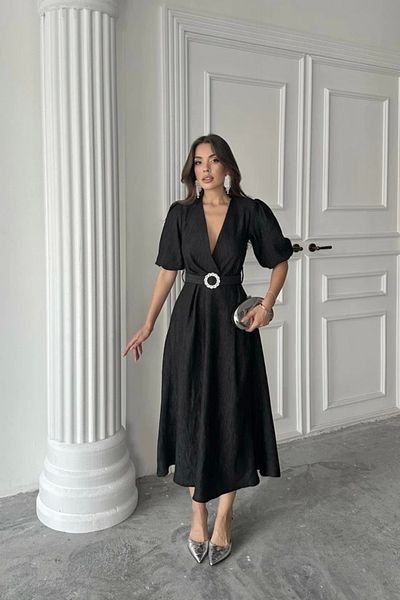 Silerra Black Sparkling Belted Double Breasted Dress