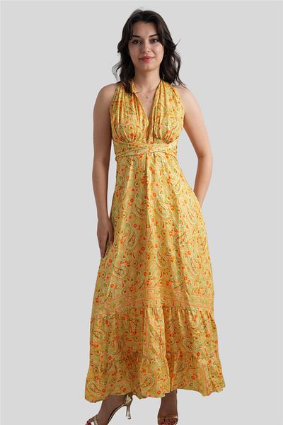 Miss Boheme Orange Gold Detailed Halter Neck Backless Silk Dress