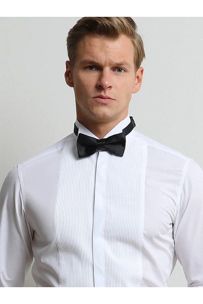Kip White Plain Slim Fit Double Cuff Turtle Collar Tuxedo Shirt