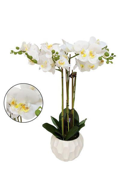 Living Artificial white orchid flowers, natural look, multiple branches, white pot, height 85 cm
