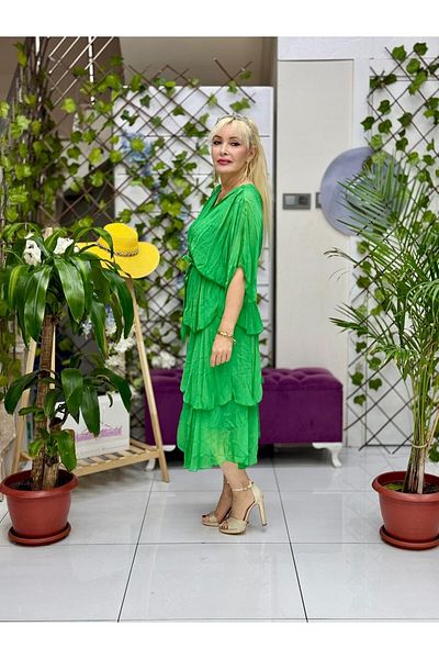 Punta Otantik Yg2073 Italian Waistband Silk Dress Emerald