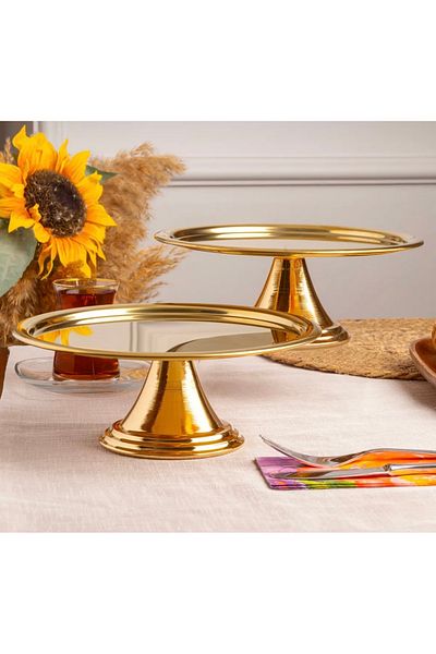 SEVA ÇELİK 2 Pcs Gold Round Tray with Legs Steel Cake Presentation Holder Cake Stand