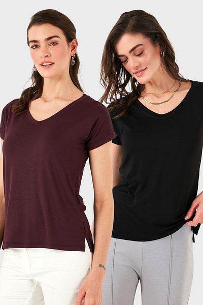 Lela V-Neck Relaxed Fit Slit Detailed 2'Li Package Blouse Bluz 5862000S2