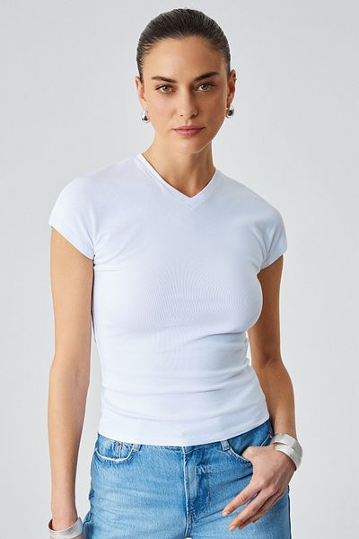 GRIMELANGE Marta Women's V-Neck Short Sleeve Slim White T-Shirt