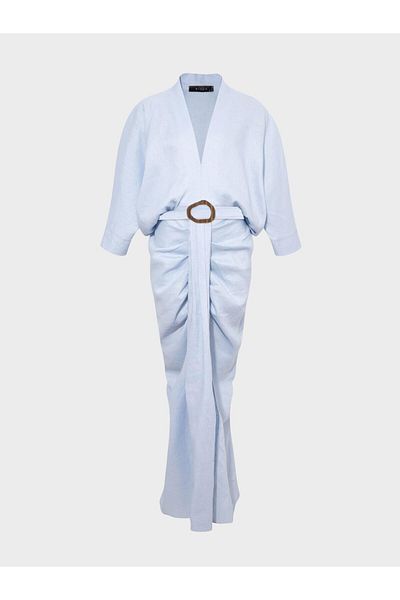 RİVUS Blue V-Neck Balloon Sleeve Girdle Dress