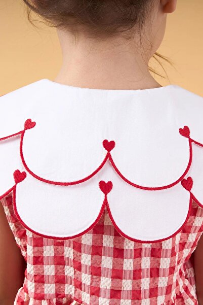 Magu Girl's Red Plaid Buttoned Dress with Heart Collar Detail