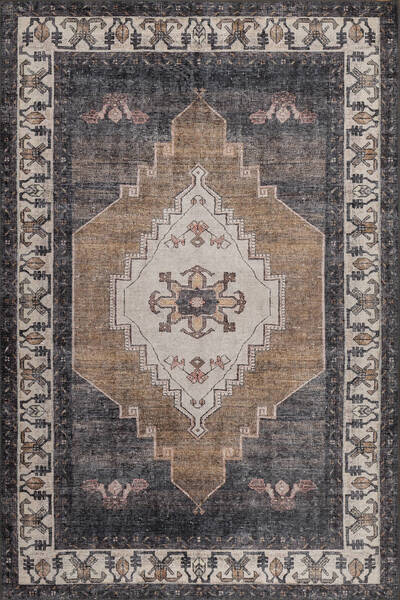 ARTLOOP Stonart Klasik Eskitme Vintage Desenli Otantik Yıkanabilir Kahverengi/Siyah Şönil Halı AL 438