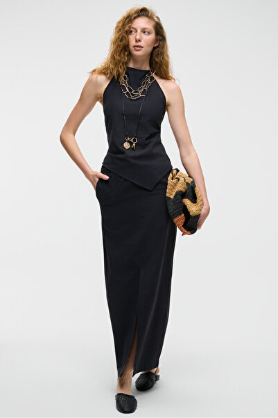 GRIMELANGE Ivern Fusta midi neagră pentru femei, 100% bumbac, cu aspect de in, cu fantă în față, talie elastică, cu buzunare