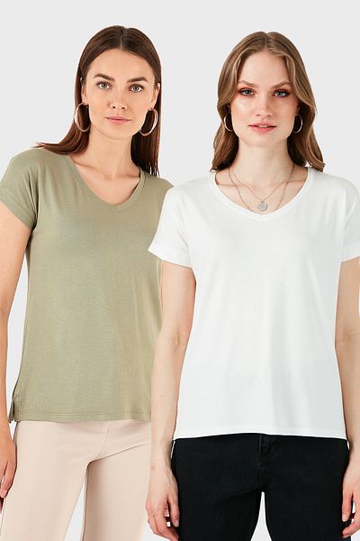 Lela V-Neck Relaxed Fit Slit Detailed 2'Li Package Blouse Bluz 5862000S2