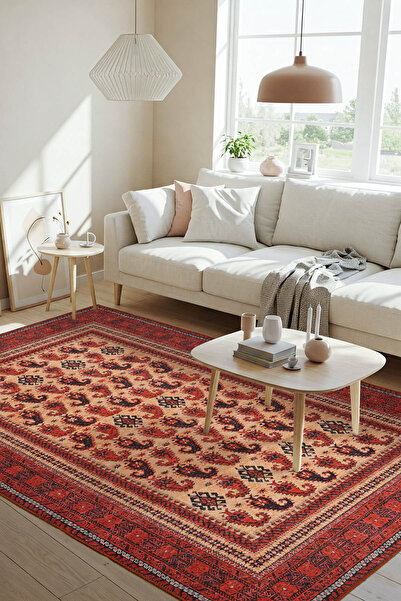 ARTLOOP Dorian Eskitme Vintage Desenli Otantik Yıkanabilir Kırmızı Şönil Halı AL 441