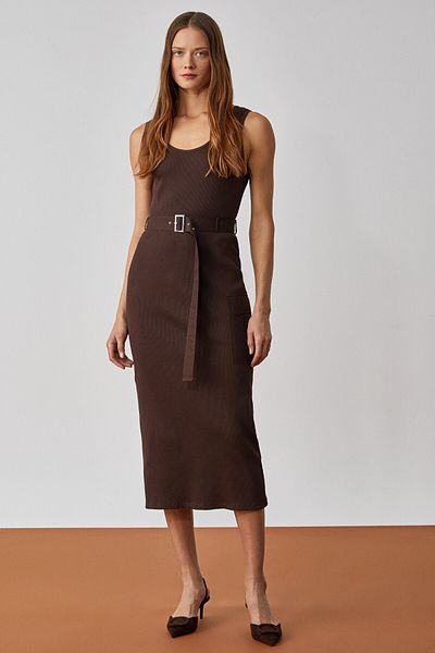 GRIMELANGE KAMONGAS Women's Regular Hollow Neck Short-Leg Brown Dress