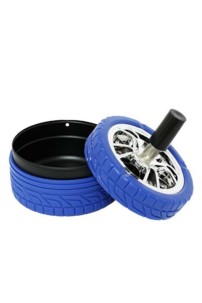 PUFO Scrumieră metalică Angry Wheel, rezistentă la vânt cu buton, albastră/argintie