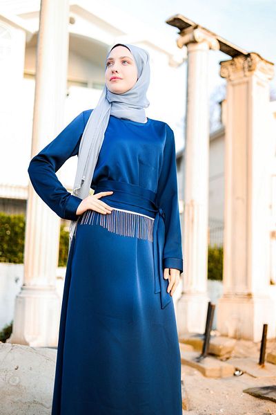 HARİKA WEAR Silk Crepe Blue Belted Dress (Except Ferace)