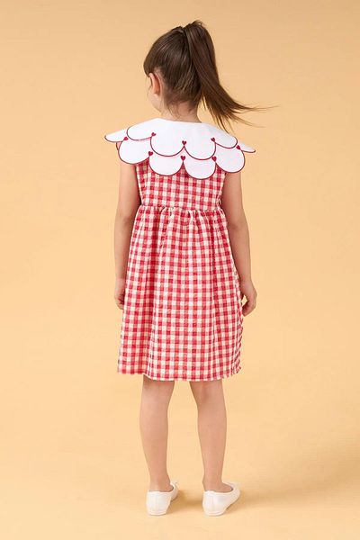 Magu Girl's Red Plaid Buttoned Dress with Heart Collar Detail