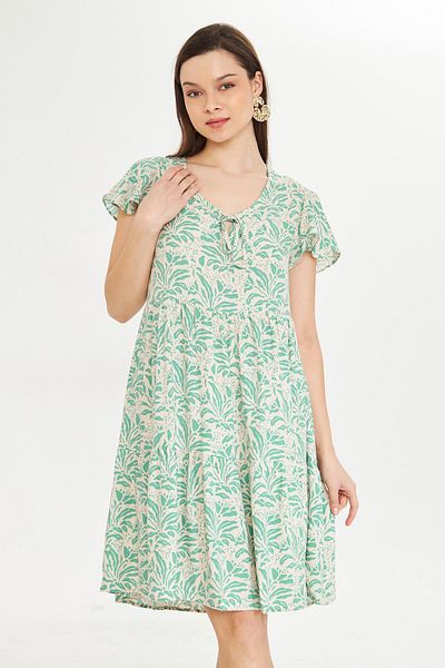 Kutaf Green Natural Patterned Short Sleeve Summer Dress with Lacing Detail