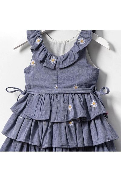Magu Girl's Cotton Blue Daisy Embroidered Layered Dress - Ruffle Collar Detail