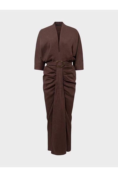 RİVUS V-Neck Balloon Sleeve Belted Linen Dress - Brown