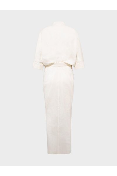 RİVUS V-Neck Balloon Sleeve Belted Linen Dress - Ecru
