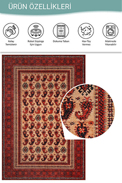 ARTLOOP Dorian Eskitme Vintage Desenli Otantik Yıkanabilir Kırmızı Şönil Halı AL 441
