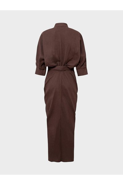 RİVUS V-Neck Balloon Sleeve Belted Linen Dress - Brown