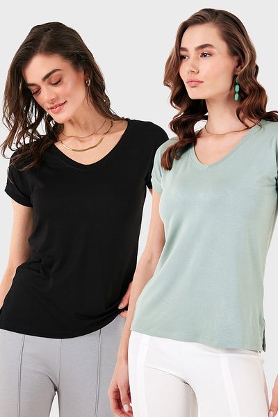 Lela V-Neck Relaxed Fit Slit Detailed 2'Li Package Blouse Bluz 5862000S2
