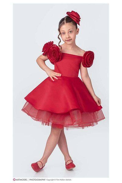 Magu Girl's Red Rose Sleeve Evening Dress
