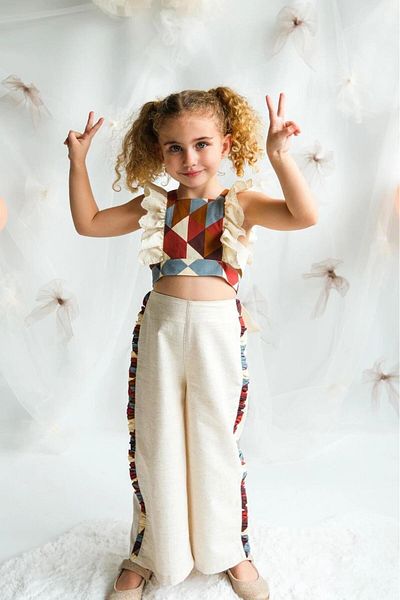 Magu Girl's Cotton Ethnic Patterned Ruffled Salopet Set