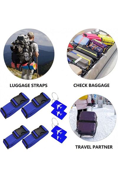 Travoola Set de 4 curele și 4 etichete pentru cărucior, poliester, albastru, 120-180 cm