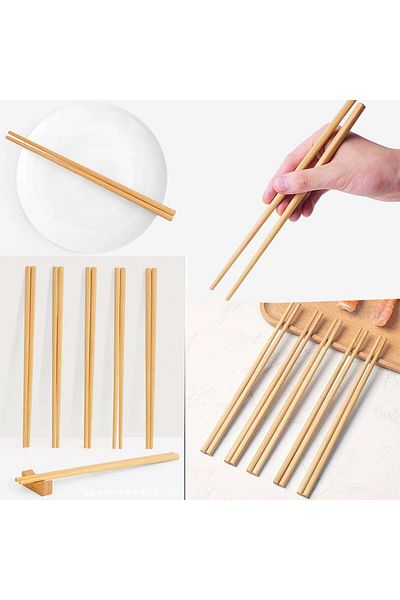 PUFO Set de 5 perechi de bețișoare de sushi Pufo Premium din bambus, reutilizabile, 24 cm, maro