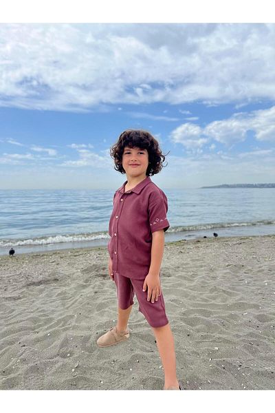 Oliven The Kid Embroidered Sleeves Shirt Shorts Linen Boy's Suit Plum