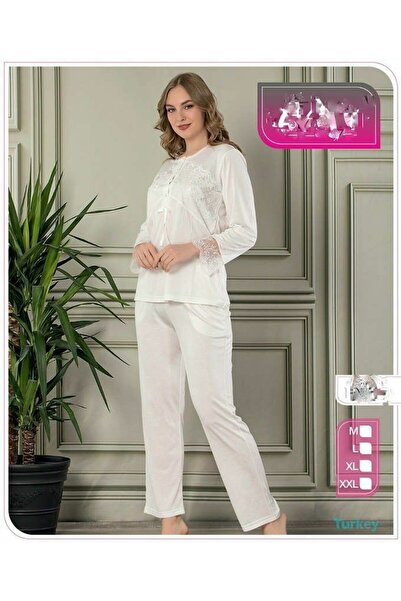 Kadın Dantel Detaylı Uzun Kollu Düğmeli Pijama Takımı