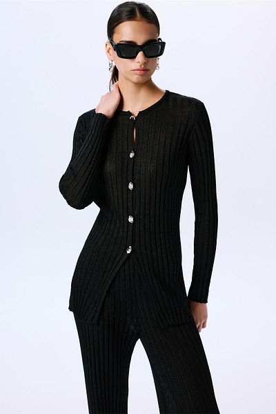 rue. Gold Buttoned Glittery Long Sleeve Knitwear Black Cardigan