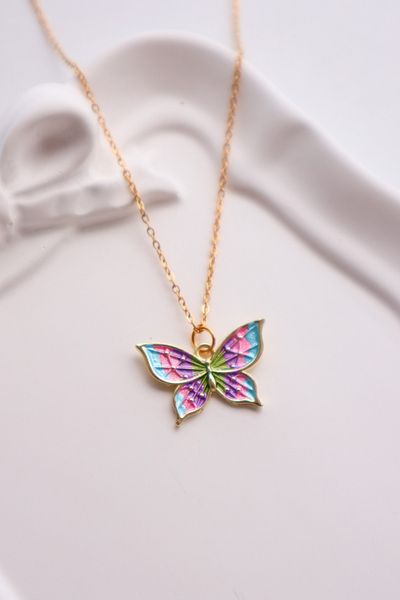 EFBUTİK Colorful Butterfly Imported Necklace with Gold Color Chain