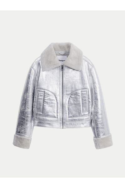 Desigual Jachetă din piele ecologică pentru femei 24WWEW32 argintie
