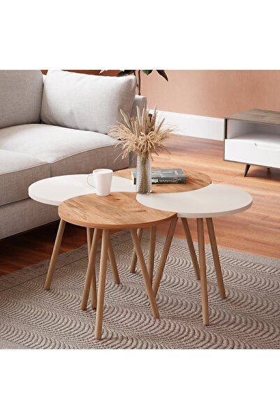 interGO Masă de cafea cvadruplă cu picioare din lemn - model pin atlantic / alb