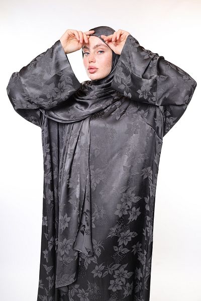 HARİKA WEAR Royal Silk Prayer Dress – Sparkle with Silver Elegance and Floral Patterns (Shawl Gift)