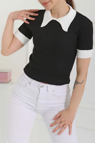 TOFİSA Collar Garnished Crop Black - 27139