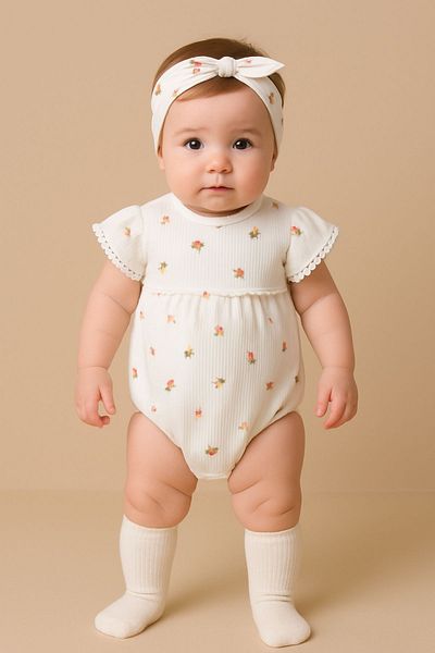 Minytrendy Baby Girl 3 Piece Summer Romper with Socks Bandana Newborn Jumpsuit Body Baby Gift